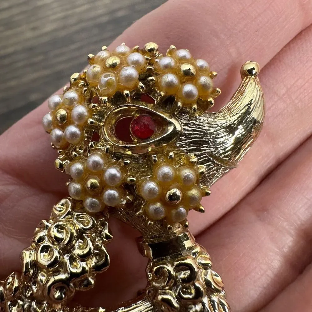 Vintage French Poodle Brooch Pin Gold Tone Faux Pearls‎ Red Rhinestone Dog